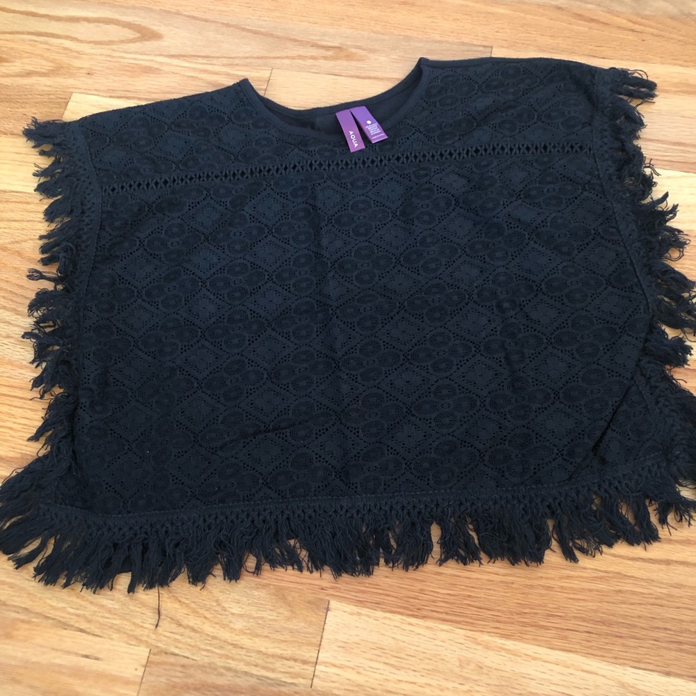 Aqua sleeve fringed top